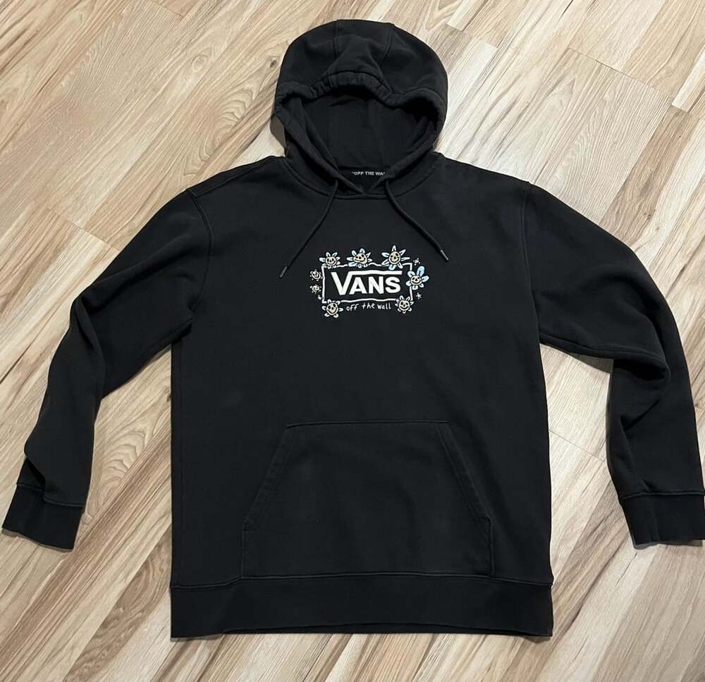 Vans Trippy Grin Floral Hoodie Size Large Black Embroidered Flowers